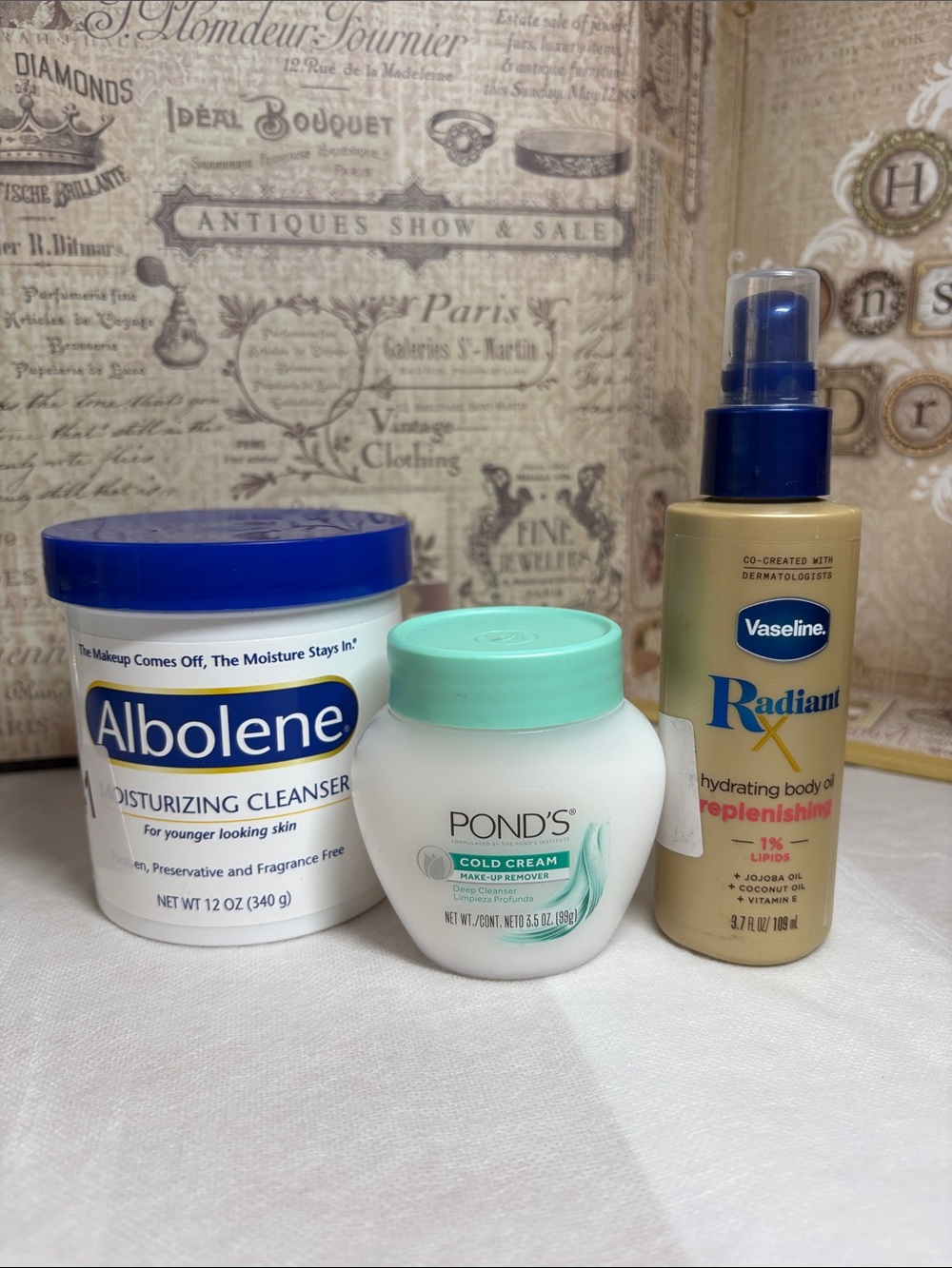3 Skin Care Bundle-Albolene, Ponds Makeup Remover and Radiant Hydrating Body Oil